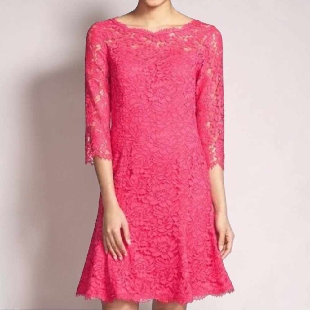 Eliza J Hot Pink Floral Lace Fit & Flare 3/4 Sleeve Cocktail Dress Size 4 Barbie